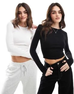 Bershka Long Sleeve Baby Tee Two Pack In Black And White For Women
