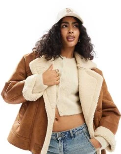 Bershka Oversized Contrast Shearling Jacket In Brown For Women