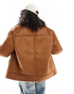 Bershka Oversized Contrast Shearling Jacket In Brown For Women -Chic Maze Sales 207506875 3