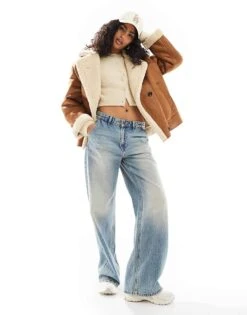 Bershka Oversized Contrast Shearling Jacket In Brown For Women -Chic Maze Sales 207506875 4