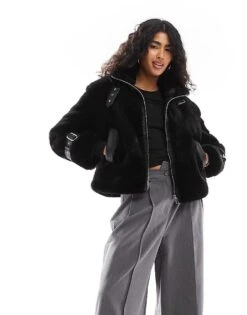 Bershka Buckle Detail Faux Fur Jacket In Black For Women