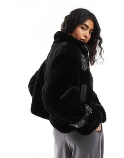 Bershka Buckle Detail Faux Fur Jacket In Black For Women -Chic Maze Sales 207506911 3