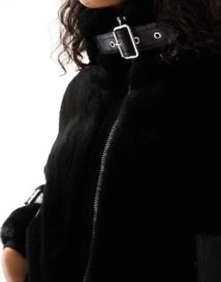Bershka Buckle Detail Faux Fur Jacket In Black For Women -Chic Maze Sales 207506911 4