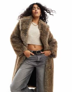 Bershka Maxi Faux Fur Coat In Brown For Women
