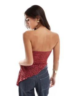 Bershka Lace Bandeau Top In Burgundy For Women Burgandy -Chic Maze Sales 207506962 3