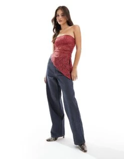 Bershka Lace Bandeau Top In Burgundy For Women Burgandy -Chic Maze Sales 207506962 4