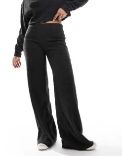 Bershka Soft Touch High Neck Top And Trousers Co-ord In Dark Grey