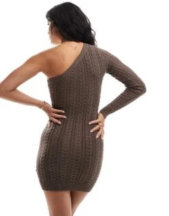Bershka One Shoulder Cable Knit Mini Dress In Brown For Women -Chic Maze Sales 207506982 3