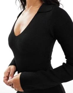 Bershka Knitted Polo Mini Dress In Black For Women -Chic Maze Sales 207507001 3