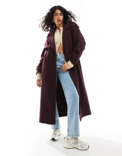 Bershka Wool Maxi Trench Coat In Burgundy For Women