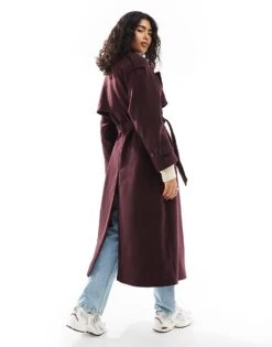 Bershka Wool Maxi Trench Coat In Burgundy For Women -Chic Maze Sales 207507030 3