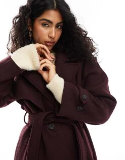 Bershka Wool Maxi Trench Coat In Burgundy For Women -Chic Maze Sales 207507030 4