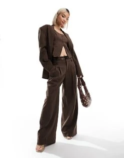 Bershka Oversized Wide Leg Tailored Trousers In Brown For Women -Chic Maze Sales 207507055 1 brown 1