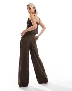 Bershka Oversized Wide Leg Tailored Trousers In Brown For Women -Chic Maze Sales 207507055 3