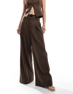 Bershka Oversized Wide Leg Tailored Trousers In Brown For Women -Chic Maze Sales 207507055 4