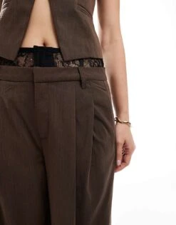Bershka Oversized Wide Leg Tailored Trousers In Brown For Women -Chic Maze Sales 207507055 5