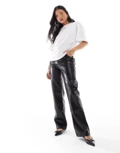 Bershka Petite Straight Leg Faux Leather Trousers In Black For Women -Chic Maze Sales 207507056 1 black 1
