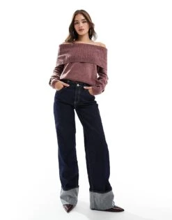 Bershka Turn Up Wide Leg Jeans In Dark Wash For Women Blue -Chic Maze Sales 207507098 1 blue 1