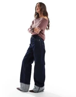 Bershka Turn Up Wide Leg Jeans In Dark Wash For Women Blue -Chic Maze Sales 207507098 2