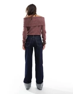 Bershka Turn Up Wide Leg Jeans In Dark Wash For Women Blue -Chic Maze Sales 207507098 3