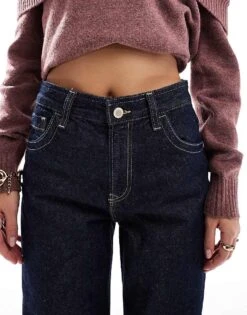 Bershka Turn Up Wide Leg Jeans In Dark Wash For Women Blue -Chic Maze Sales 207507098 4