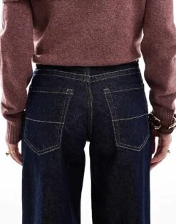 Bershka Turn Up Wide Leg Jeans In Dark Wash For Women Blue -Chic Maze Sales 207507098 5