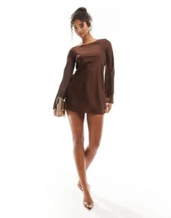 Bershka Tie Back Satin Mini Dress In Chocolate For Women Brown -Chic Maze Sales 207507134 1 brown 1