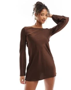 Bershka Tie Back Satin Mini Dress In Chocolate For Women Brown -Chic Maze Sales 207507134 3