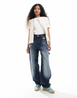 Bershka Petite Adjustable Waist Carpenter Jeans In Acid Wash Blue For Women -Chic Maze Sales 207507166 1 blue 1
