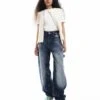 Bershka Petite Adjustable Waist Carpenter Jeans In Acid Wash Blue For Women -Chic Maze Sales 207507166 1 blue