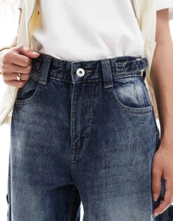 Bershka Petite Adjustable Waist Carpenter Jeans In Acid Wash Blue For Women -Chic Maze Sales 207507166 5