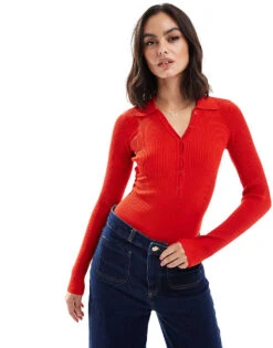Bershka Ribbed Bodysuit In Red For Women -Chic Maze Sales 207531962 1 red 1