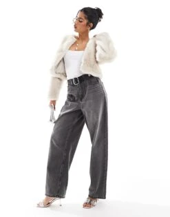 Bershka Faux Fur Cropped Jacket In Cream For Women -Chic Maze Sales 207531988 3