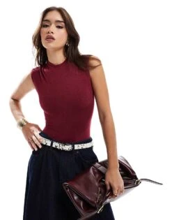 Bershka High Neck Short Sleeve Bodysuit In Burgundy For Women -Chic Maze Sales 207565761 1 burgundy 1