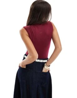 Bershka High Neck Short Sleeve Bodysuit In Burgundy For Women -Chic Maze Sales 207565761 3