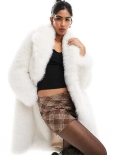 Bershka Plush Fur Maxi Jacket In White For Women Ecru -Chic Maze Sales 207565791 3