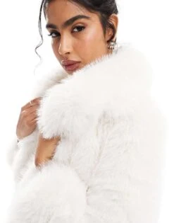 Bershka Plush Fur Maxi Jacket In White For Women Ecru -Chic Maze Sales 207565791 4