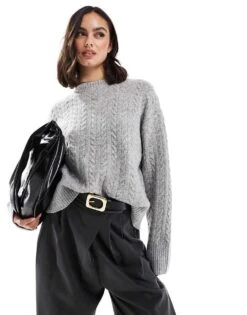 Bershka High Neck Oversized Cable Knit Jumper In Grey For Women