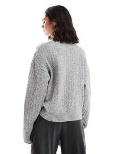 Bershka High Neck Oversized Cable Knit Jumper In Grey For Women -Chic Maze Sales 207590757 3