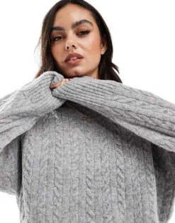 Bershka High Neck Oversized Cable Knit Jumper In Grey For Women -Chic Maze Sales 207590757 4