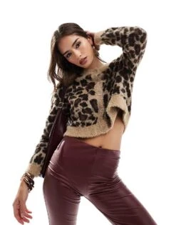 Bershka Fluffy Knit Cardigan In Leopard Print For Women Multi -Chic Maze Sales 207590758 2
