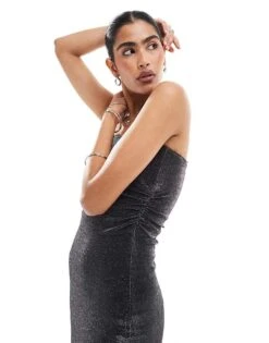 Bershka Ruched Side Bandeau Bodycon Maxi Dress In Black Glitter For Women Gold -Chic Maze Sales 207590770 2