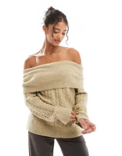 Bershka Bardot Cable Knit Jumper In Khaki For Women -Chic Maze Sales 207590790 1 khaki 1