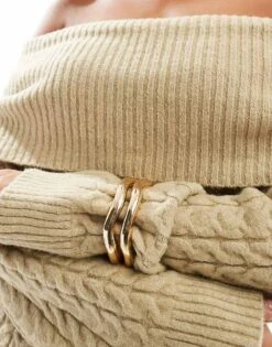 Bershka Bardot Cable Knit Jumper In Khaki For Women -Chic Maze Sales 207590790 3