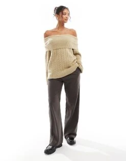 Bershka Bardot Cable Knit Jumper In Khaki For Women -Chic Maze Sales 207590790 4