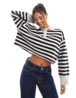 Bershka Textured Knitted Polo Jumper In Black And Tan Stripe For Women -Chic Maze Sales 207590820 1 black 1