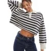 Bershka Textured Knitted Polo Jumper In Black And Tan Stripe For Women -Chic Maze Sales 207590820 1 black