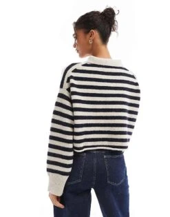 Bershka Textured Knitted Polo Jumper In Black And Tan Stripe For Women -Chic Maze Sales 207590820 2