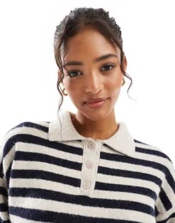 Bershka Textured Knitted Polo Jumper In Black And Tan Stripe For Women -Chic Maze Sales 207590820 3
