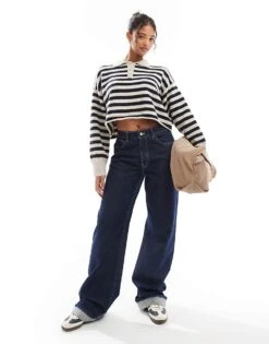 Bershka Textured Knitted Polo Jumper In Black And Tan Stripe For Women -Chic Maze Sales 207590820 4